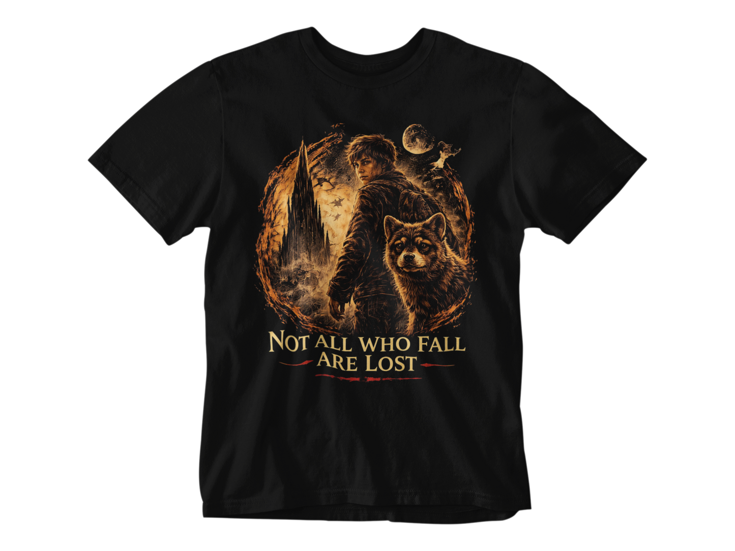 Not All Who Fall Are Lost Tee – Dark Fantasy Journey Graphic T-Shirt